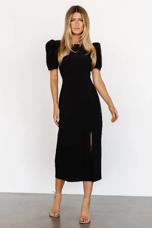 Stylish Wear Younge Puff Sleeve Midi Dress | Black
