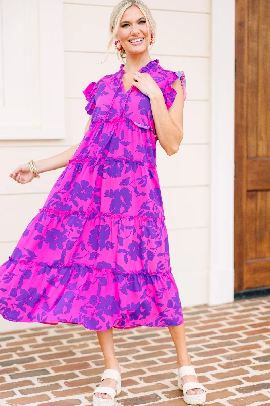 Easy Fashion Show You Off Magenta Purple Floral Midi Dress
