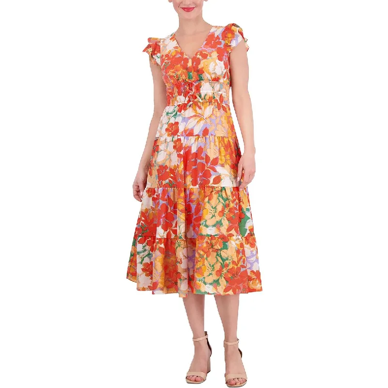 Fresh Comfort Vince Camuto Womens Flutter Sleeve Floral Print Midi Dress