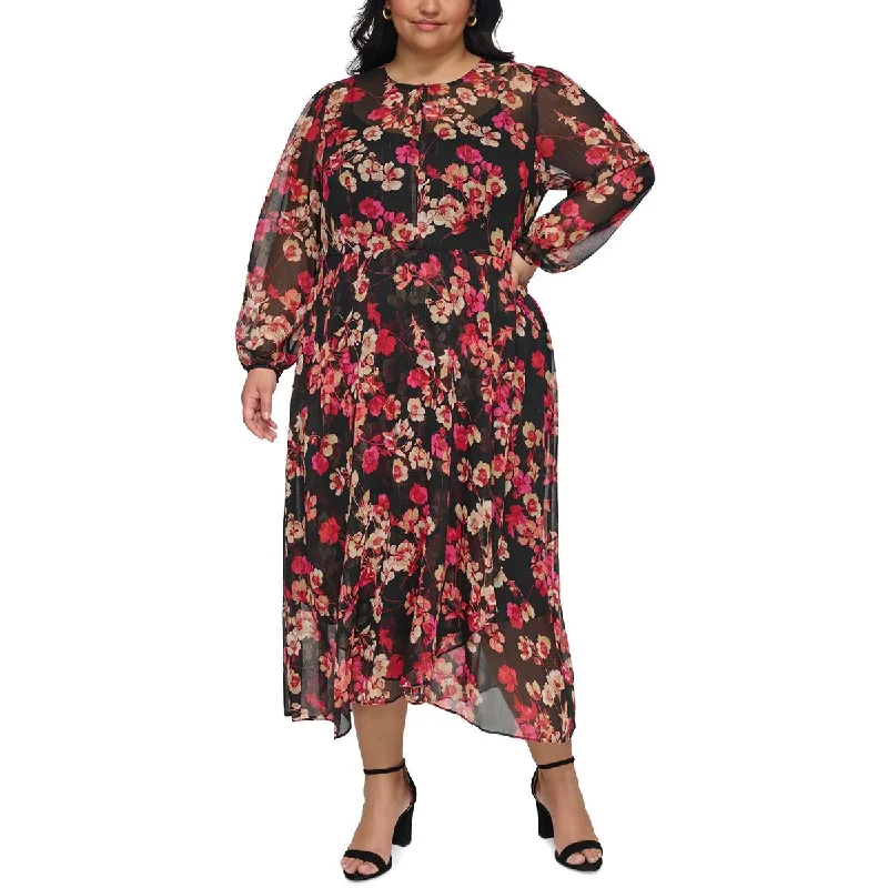 Warm Layers Tommy Hilfiger Womens Plus Floral Metallic Midi Dress