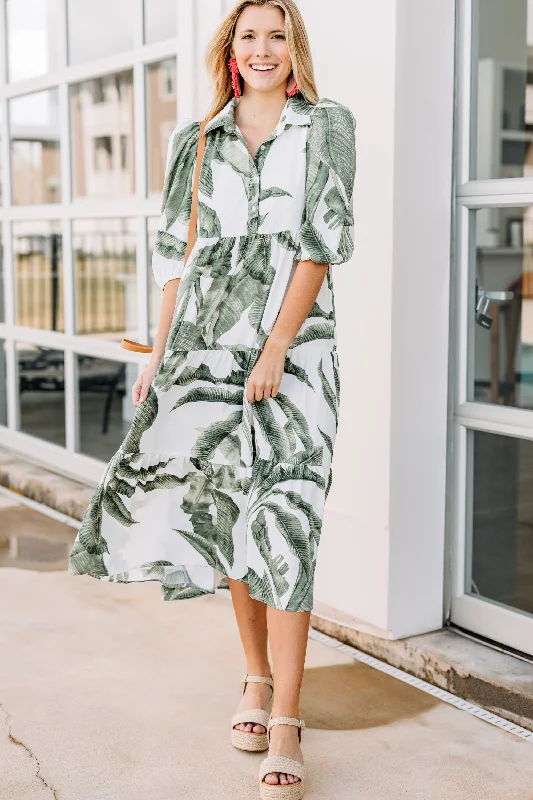 Relaxed Wear Show Your Heart Green Palm Print Midi Dress