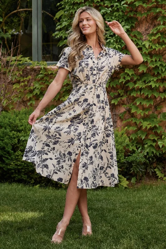 Simple Style Lorna Midi Dress | Beige + Navy Print