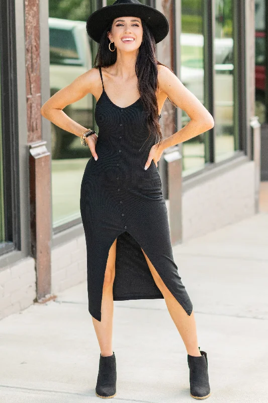 Chic Relaxation Whatever It's Like Black Ribbed Midi Dress