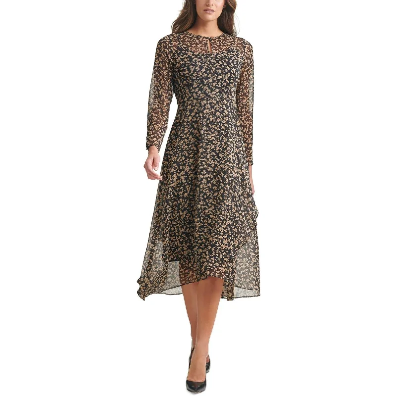 Effortless Dressing Tommy Hilfiger Womens Petites Floral Keyhole Neck Midi Dress