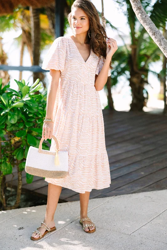 Cozy Vibes Someday Soon Tan Brown Zebra Striped Midi Dress