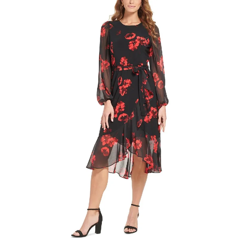 Light Comfort Tommy Hilfiger Womens Petites Floral Print Sheer Midi Dress