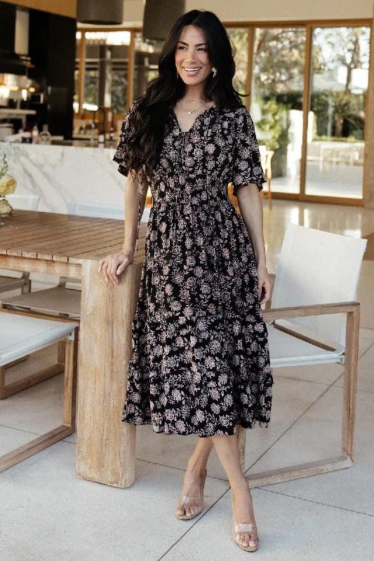 Modern Chic Spell Boho Midi Dress | Black + Taupe Floral