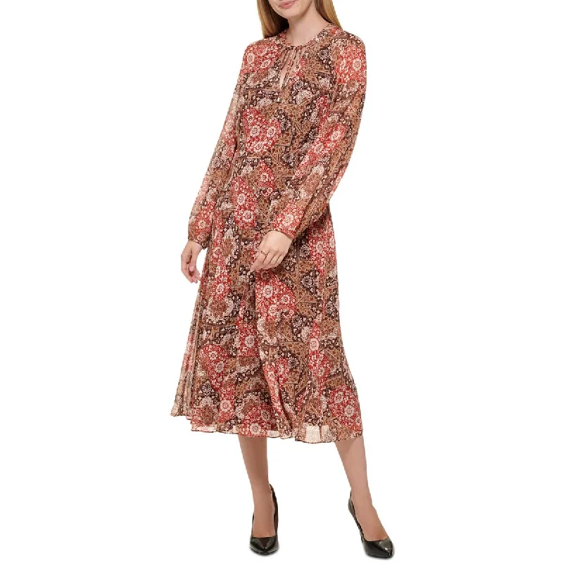 Classic Comfort Tommy Hilfiger Womens Tapestry Tie Neck Printed Midi Dress