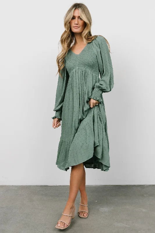 Casual Elegance Lainey Smocked Dotted Midi Dress | Dark Sage