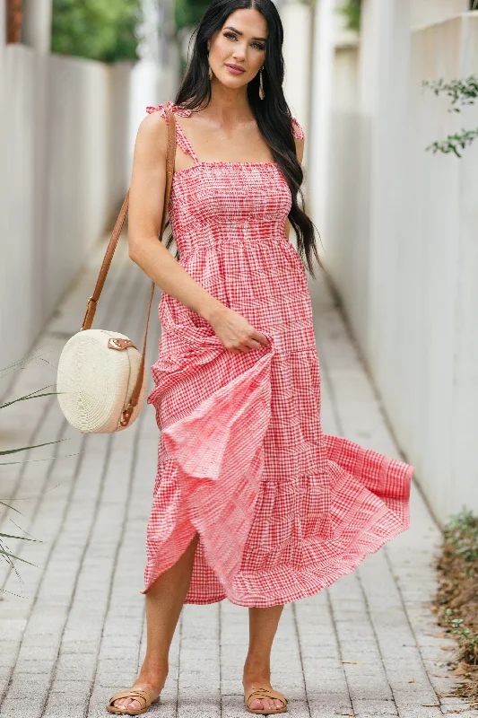 Stylish Wear Sweet New Days Red Gingham Midi Dress