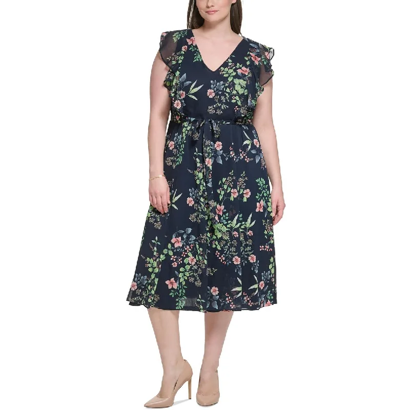 Soft Layers Tommy Hilfiger Womens Plus Floral Flutter Sleeves Midi Dress