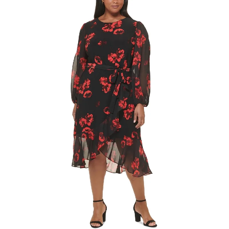 Casual Comfort Tommy Hilfiger Womens Plus Floral Belted Midi Dress
