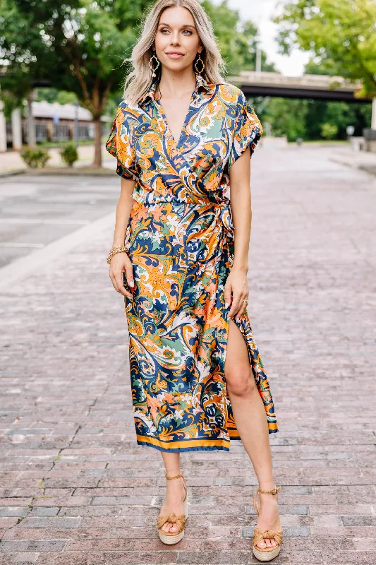 Simple Elegance Wild Confidence Midnight Blue Abstract Midi Dress