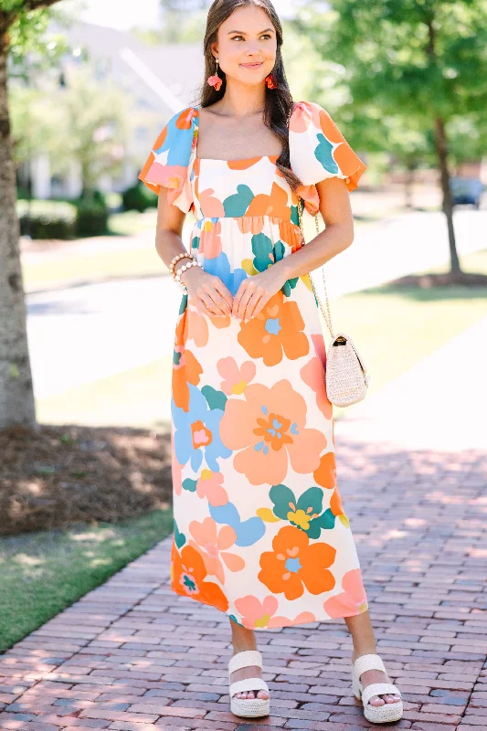 Stylish Ease Tell Me More Orange Retro Floral Midi Dress