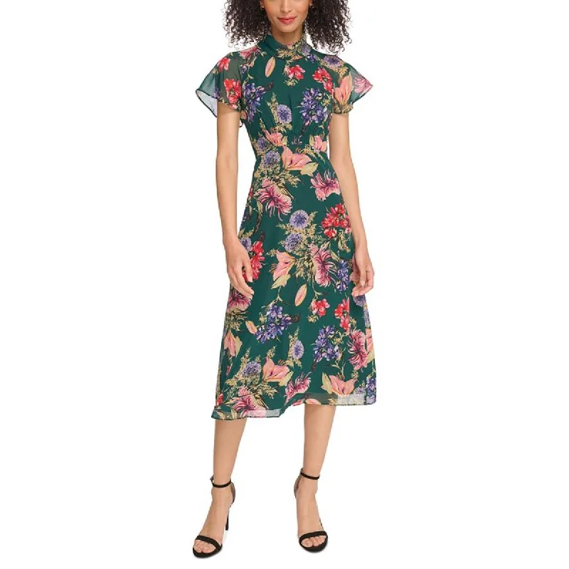 Minimal Comfort Vince Camuto Womens Floral Print Flutter Sleeve Midi Dress