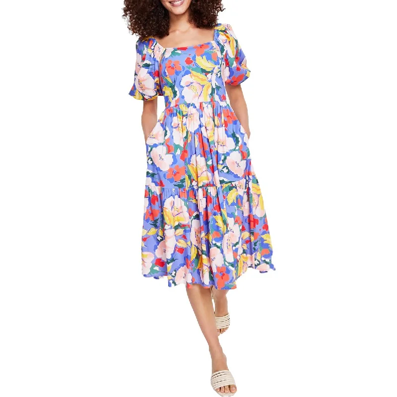 Relaxed Wear Vince Camuto Womens Floral Print Square Neck Midi Dress