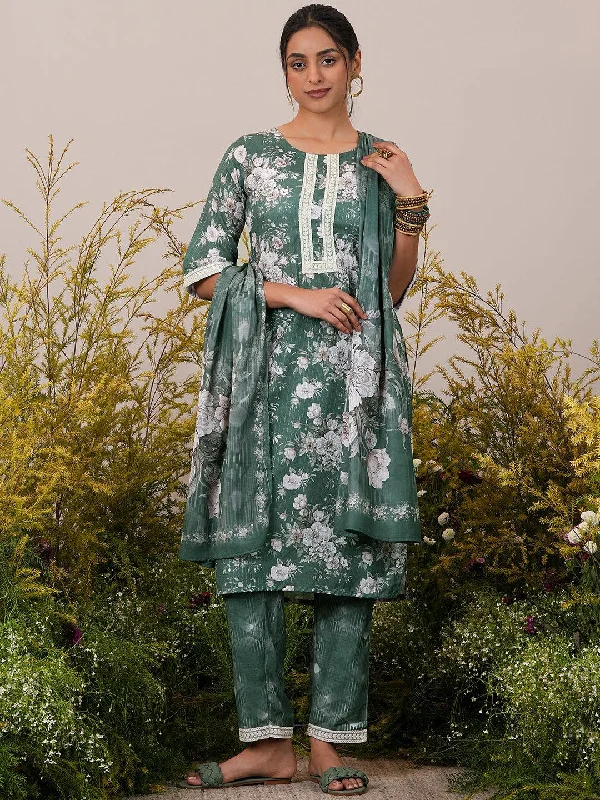 Cozy Footwear Green Printed Cotton Straight Suit With Dupatta