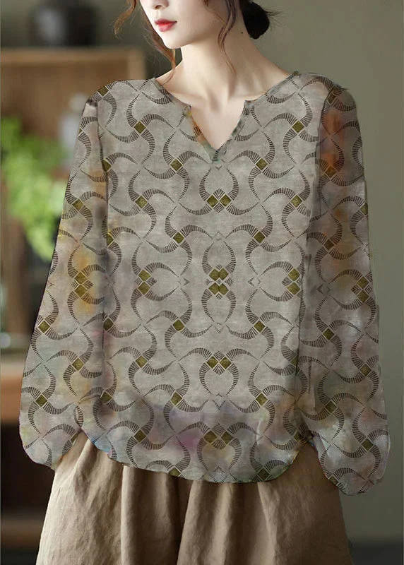 Sporty Comfort Handmade grey  V Neck Casual Floral Fall Blouse Long sleeve