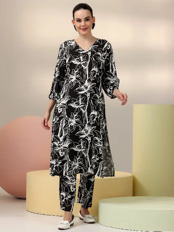Cozy Fashion Black Printed Rayon Co-Ords