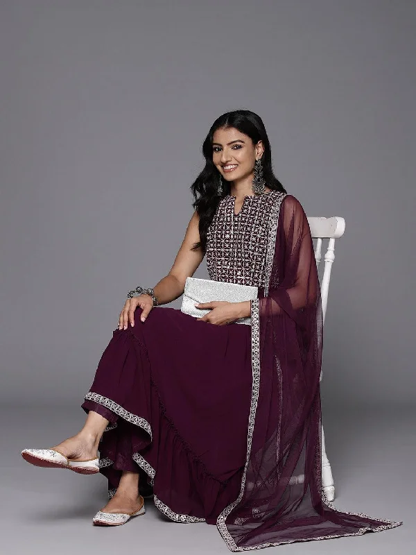 Relaxed Dresses Wine Embroidered Georgette Anarkali Suit With Dupatta