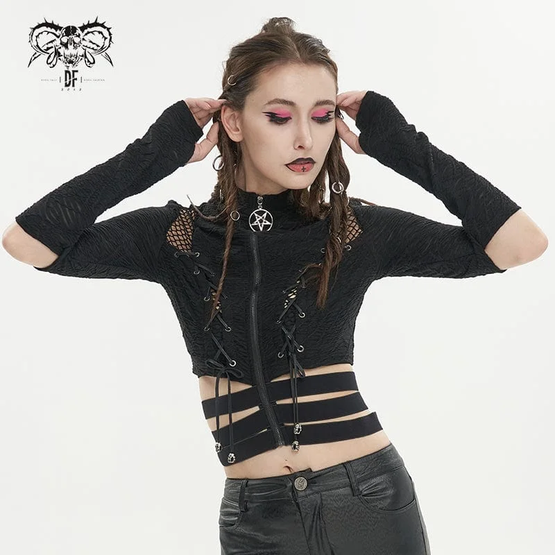 Cozy Shirts Women's Gothic Ruched Strap Splice Mesh Shirt