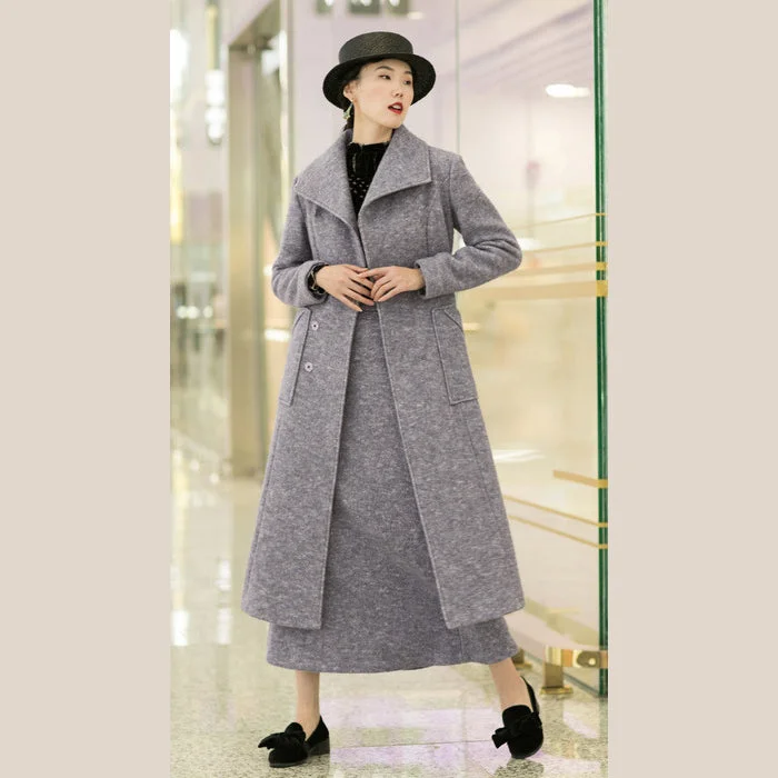 Soft Clothing New light purple woolen outwear trendy plus size tei waist long coats pockets coats
