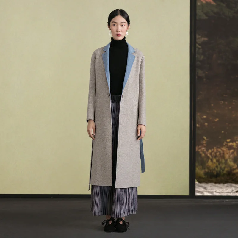 Cozy Chic Fashion light khaki wool coat casual back open Coats lapel collar coats