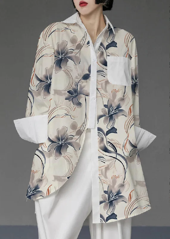 Comfy Chic Wear Unique White-flowers Asymmetrical Design Side Open Cotton Long Shirts Spring