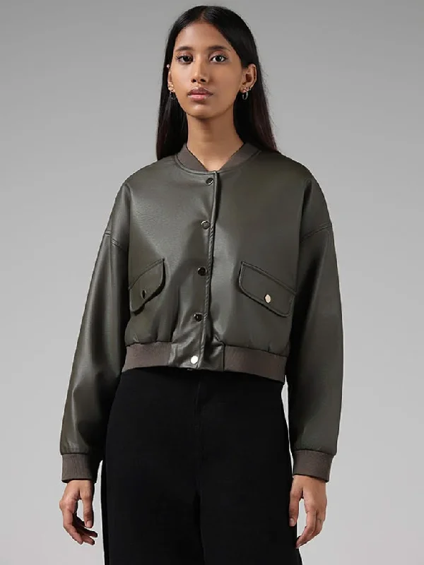 Modern Chic Nuon Solid Olive Leather Jacket