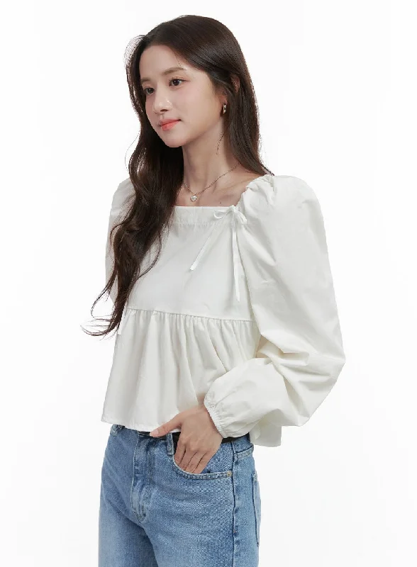 Elegant Fit Classic Square Neck Ribbon Sleeve Blouse OS416
