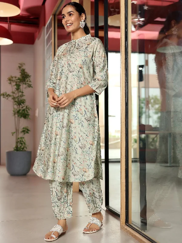 Cozy Fitting Green Printed Silk Blend Co-Ords