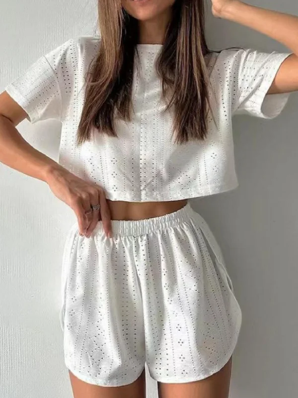 Everyday Comfort Eyelet Round Neck Top and Shorts Set