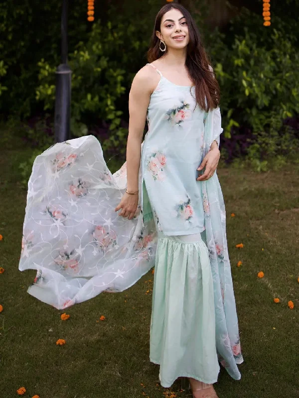 Soft Layers Green Printed Organza Straight Sharara Suit Set With Dupatta