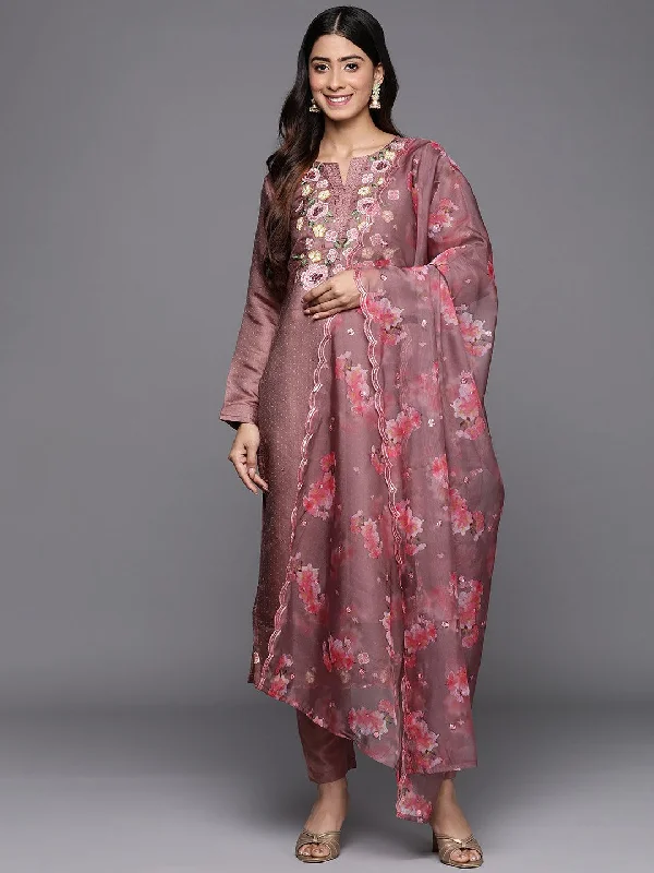 Stylish Jackets Mauve Yoke Design Silk Blend Straight Kurta With Trousers & Dupatta