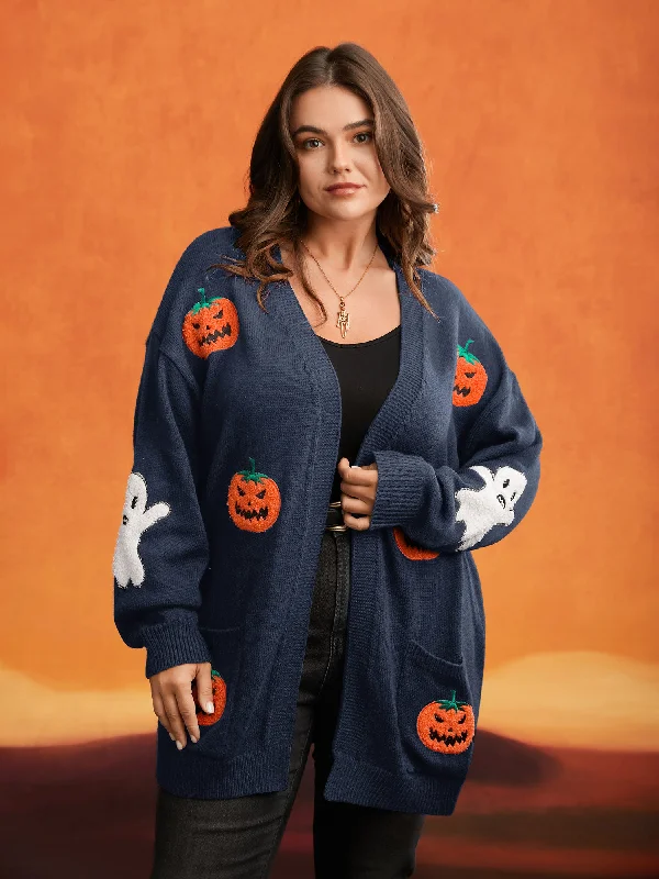 Soft Textures Pumpkin Ghost Embroidery Open Cardigan