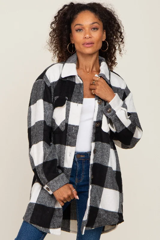 Elegant Fit Black Plaid Brushed Long Shacket