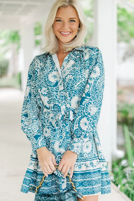 Relaxed Fashion Sweet New Day Peacock Green Floral Dress