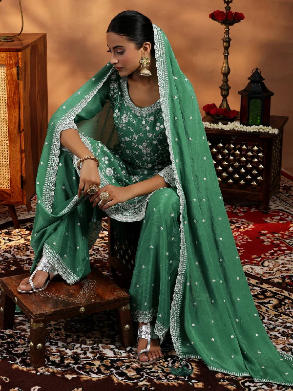 Comfortable Jeans Green Embroidered Silk Blend Straight Suit With Dupatta
