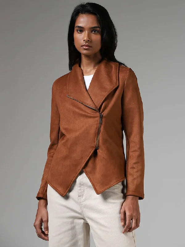 Weekend Comfort LOV Tan Brown Asymmetrical Zipper Suede Jacket