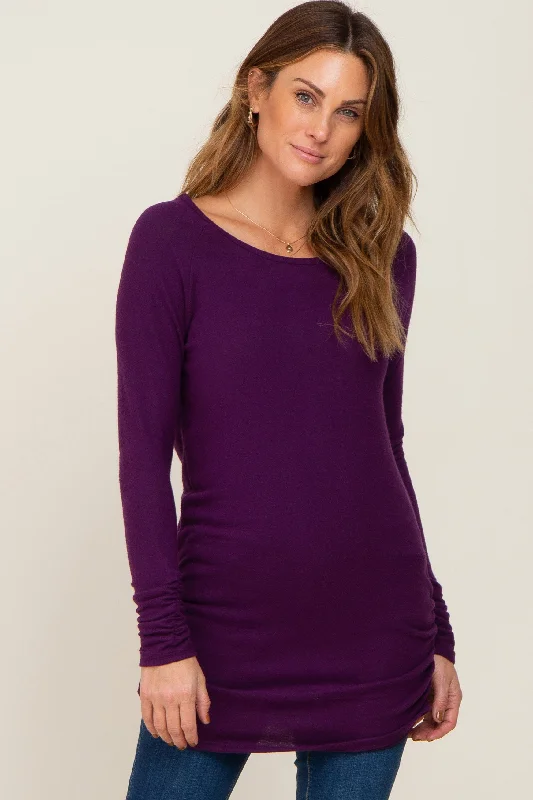 Comfy Chic Plum Brushed Knit Ruched Top