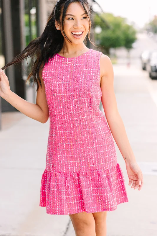 Comfy Chic Make It Work Fuchsia Pink Tweed Dress