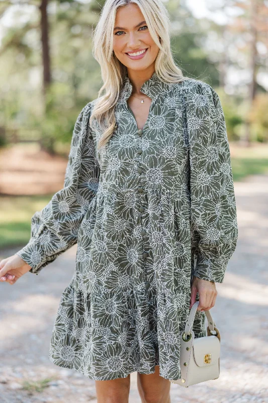 Easy Style Thoughtful Wishes Olive Green Floral Dress