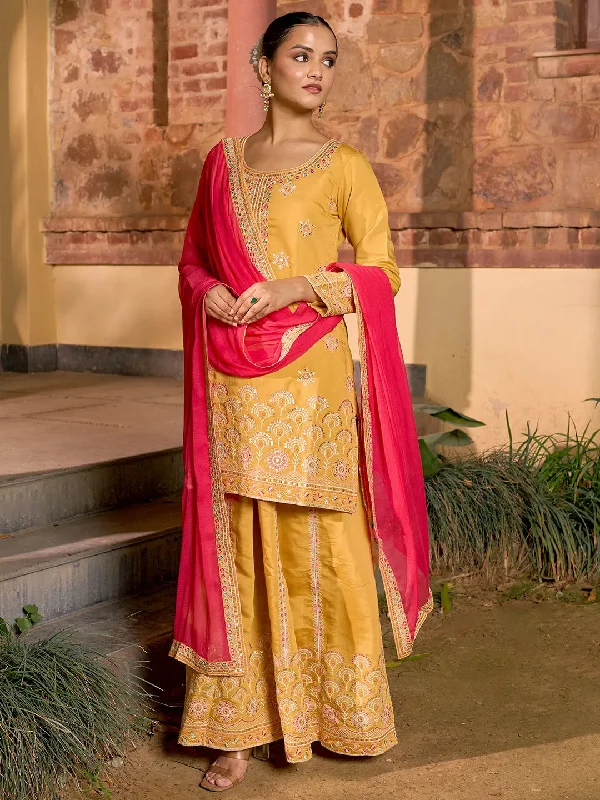 Relaxed Fashion Libas Art Yellow Embroidered Silk Blend Straight Suit With Dupatta
