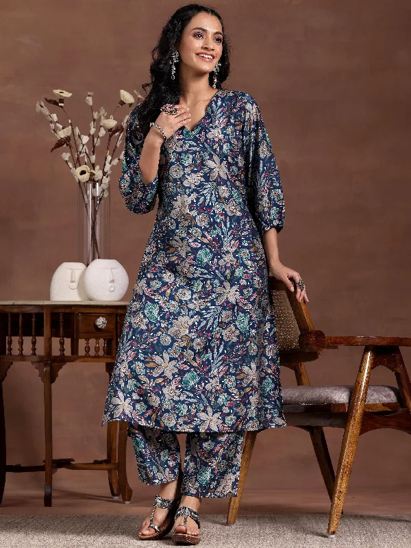 Comfy Layers Blue Printed Silk Blend Co-Ords