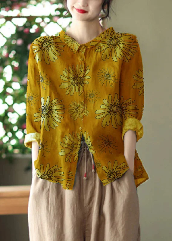 Comfy Dress Retro Peacock yellow Peter Pan Collar Print Button Wrinkled Shirts Long Sleeve Comfy Dress Retro Peacock yellow Peter Pan Collar Print Button Wrinkled Shirts Long Sleeve