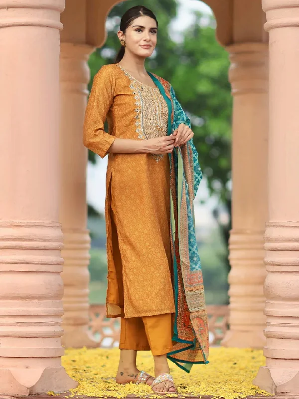 Sporty Comfort Mustard Printed Silk Blend Straight Suit With Dupatta