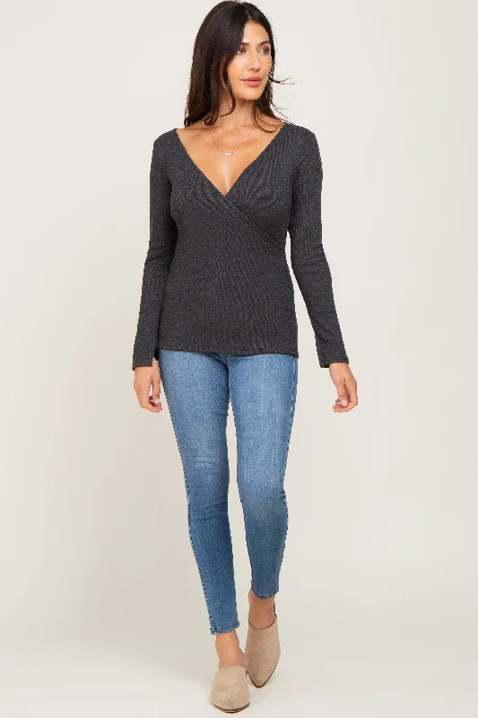 Casual Chic Wear Charcoal Ribbed Long Sleeve Wrap Nursing Top