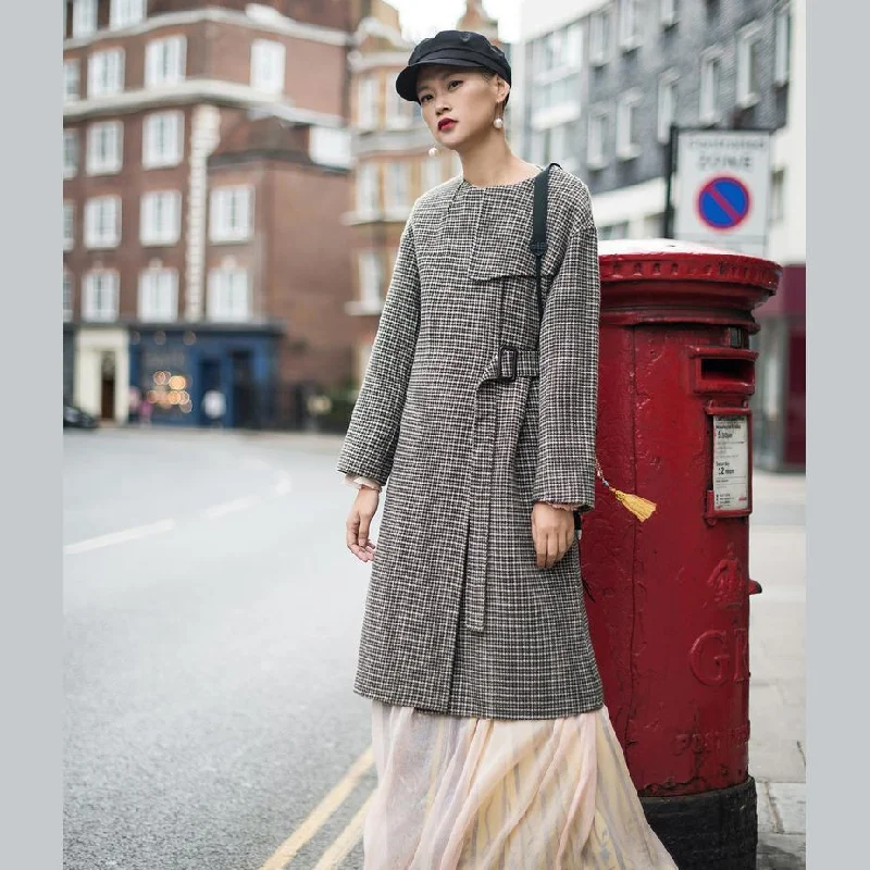 Smart Comfort Wear Luxury plaid Wool jackets oversized o neck long coat tie waist outwear