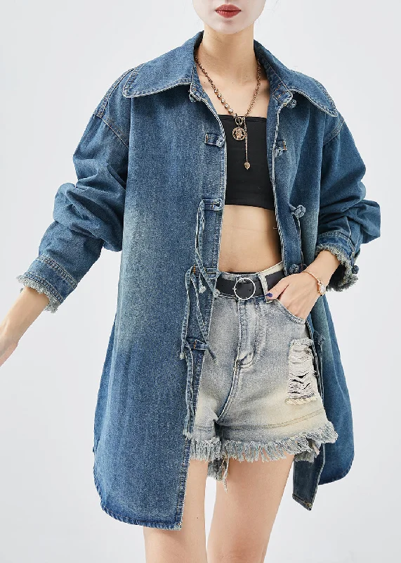 All-Day Comfort Art Blue Tasseled Chinese Button Denim Coats Fall