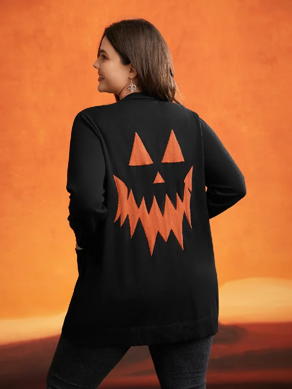 Relaxed Fit Supersoft Essentials Jack-o-Lantern Jacquard Back Printed Cardigan